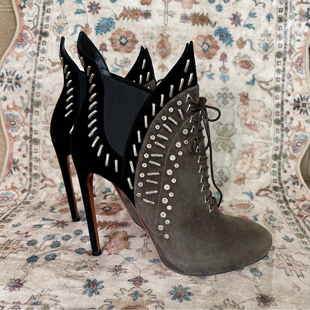 Alaia Studded Black and Gray Heeled Booties